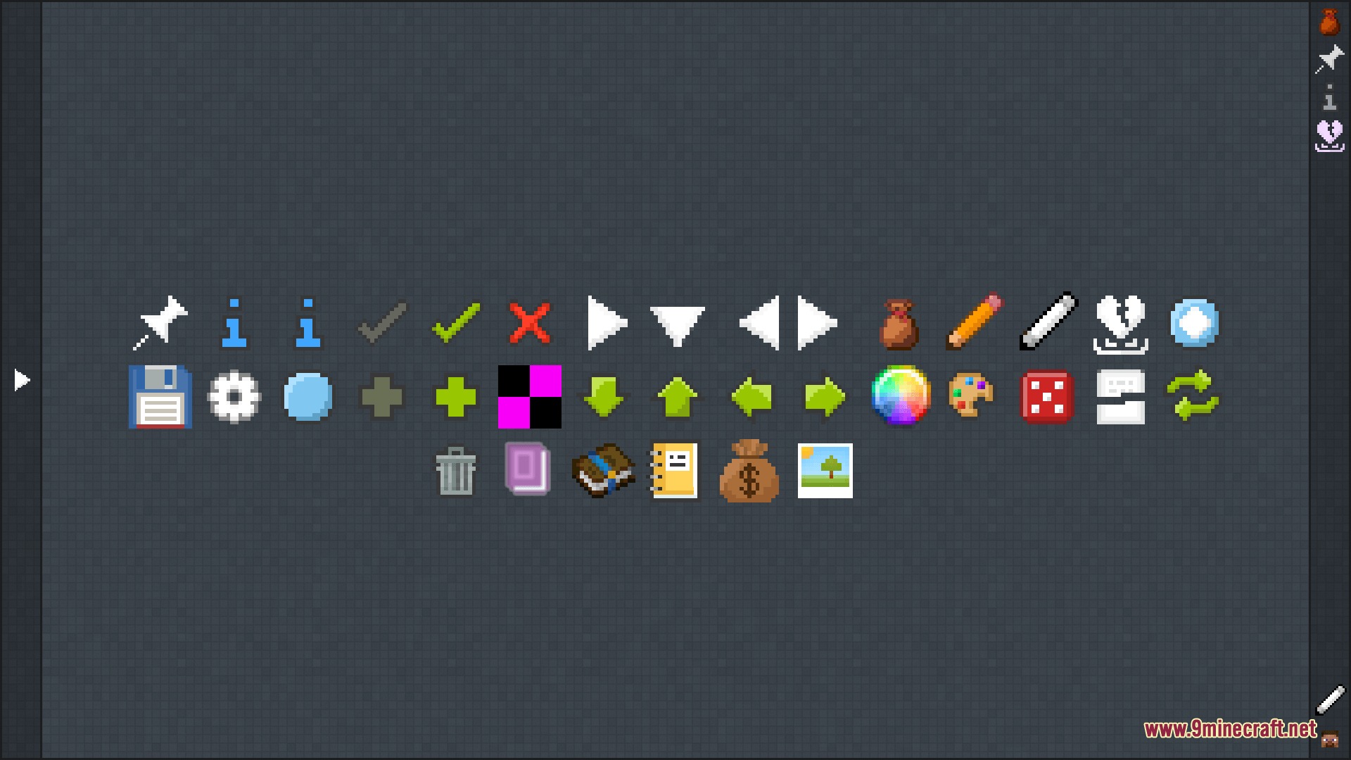 Updated pixelated menu icons and widgets shown on a grey background