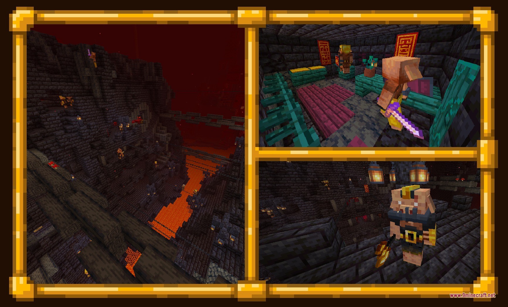 Survivor's Elegy Data Pack Screenshot 1 Piglins exploring a massive ruined blackstone tower structure in the Nether