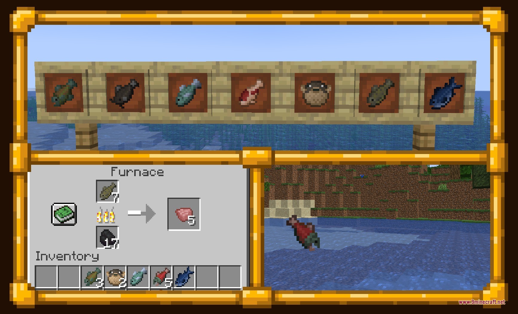 Survivor's Elegy Data Pack Screenshot 4 Cooking different types of fish in a furnace with item frames above