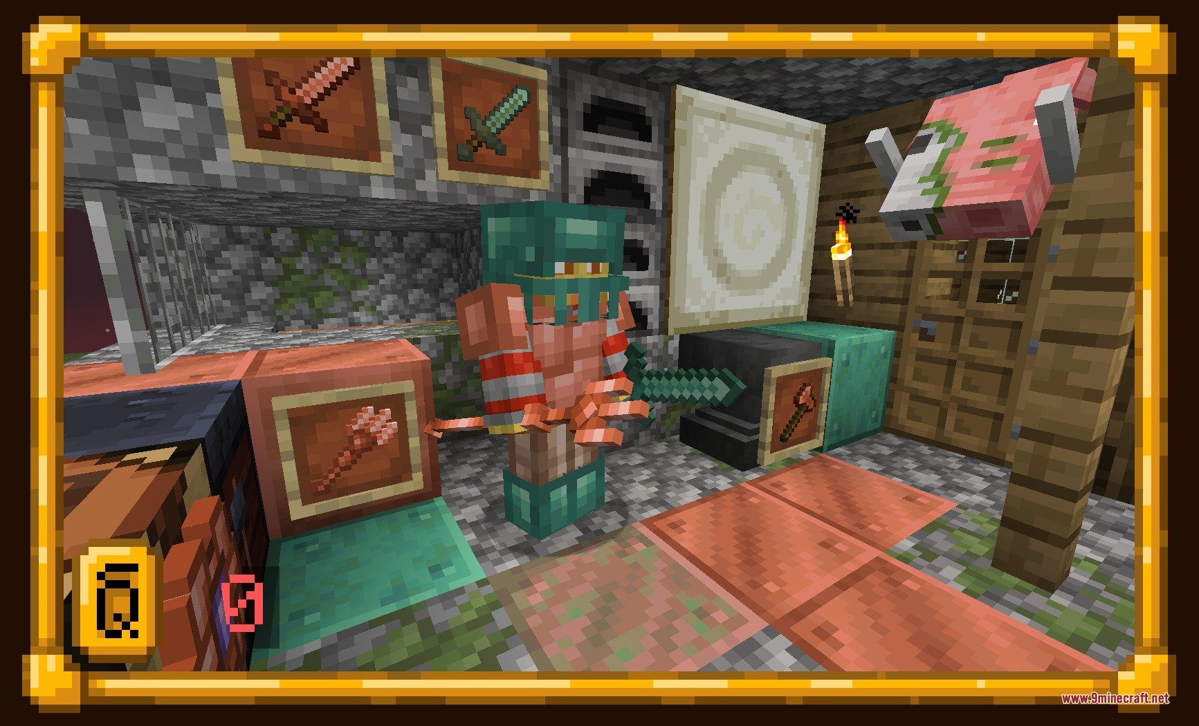 Survivor's Elegy Data Pack Screenshot 7 Player wearing copper armor holds a copper trident near a custom pig mob