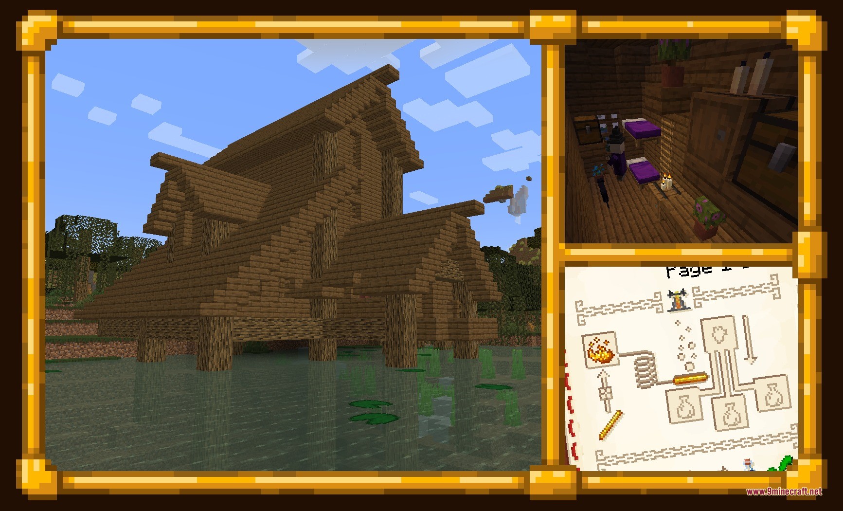 Survivor's Elegy Data Pack Screenshot 9 Large wooden swamp hut structure with an interior view and a cooking recipe