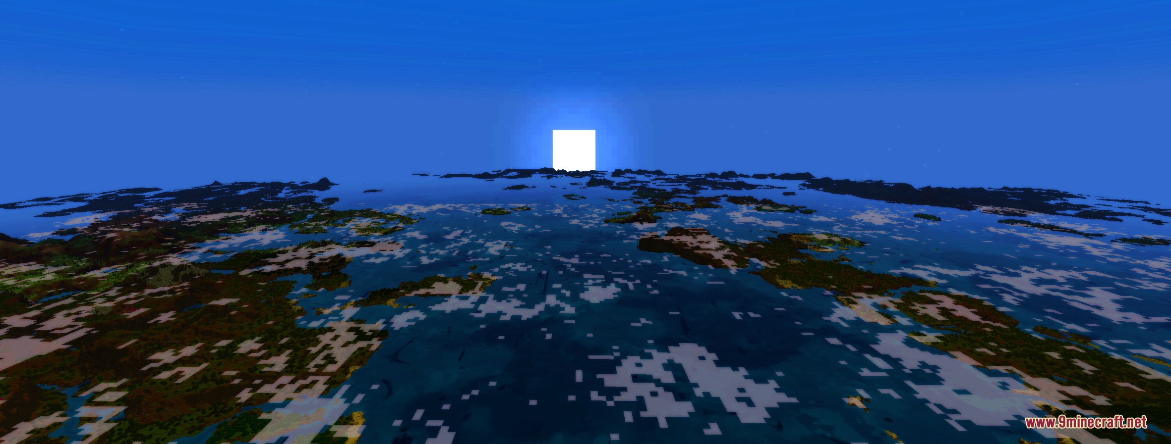 A bright square sun sets over a vast horizon of distant Minecraft terrain
