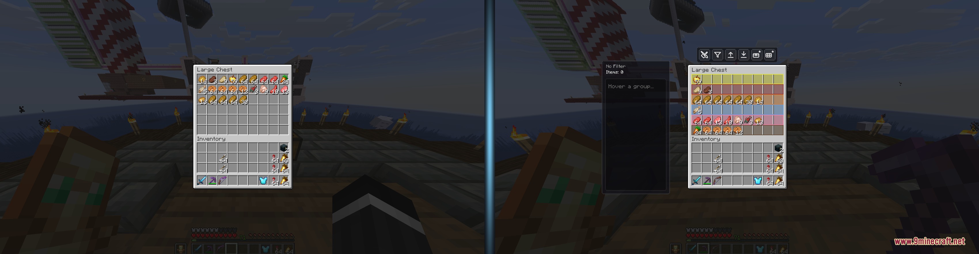 Comparison between a normal chest and a color coded sorted chest interface