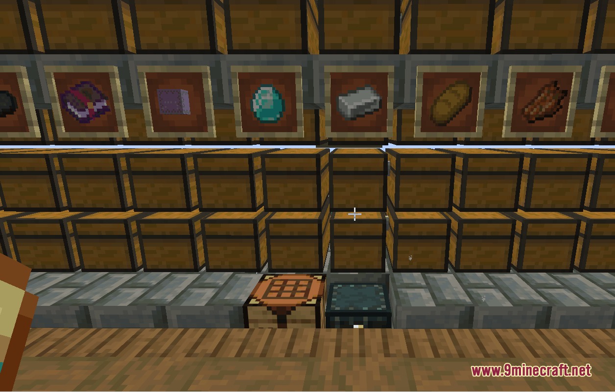 Minecraft storage room with chests labeled by item frames and a crafting table