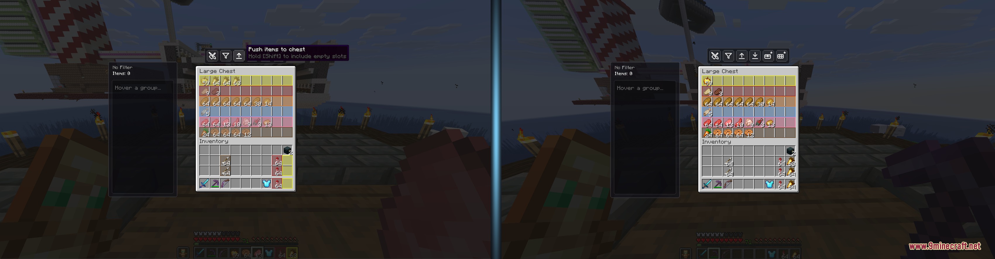 Swift Vault Flow interface showing color coded chest slots and automated item sorting tools