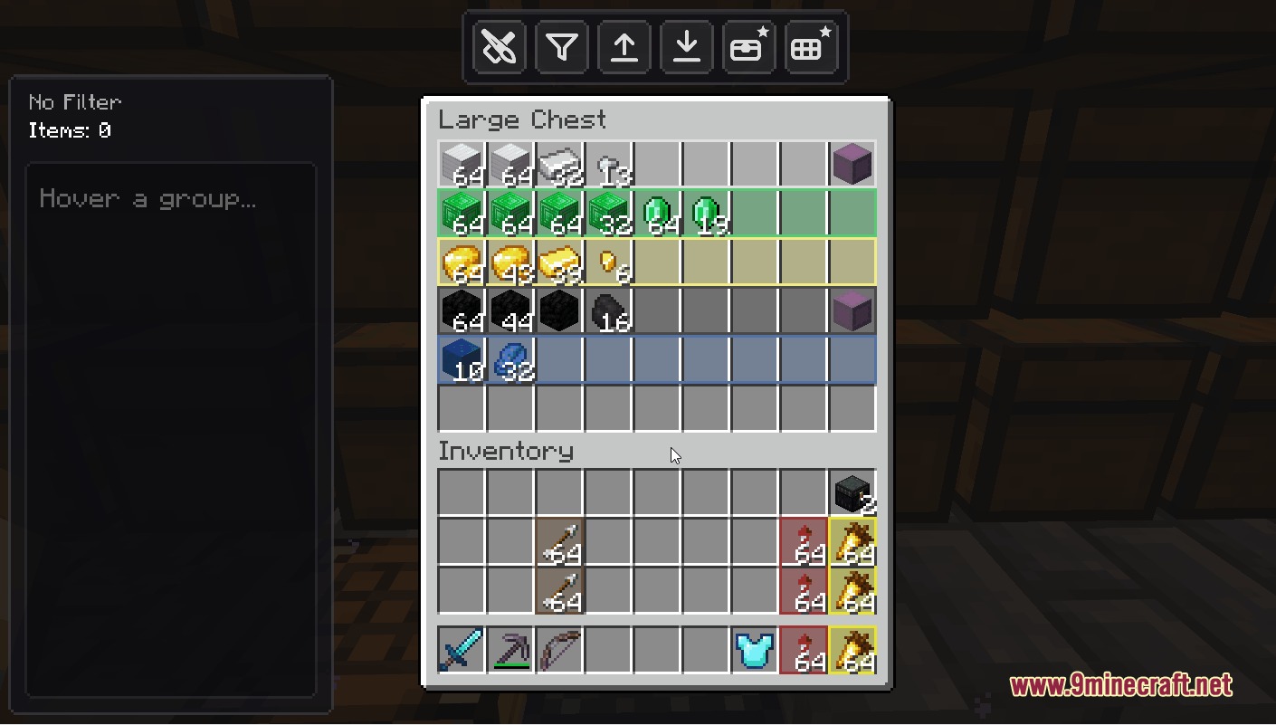 A player organizes iron emeralds and gold in a large chest menu