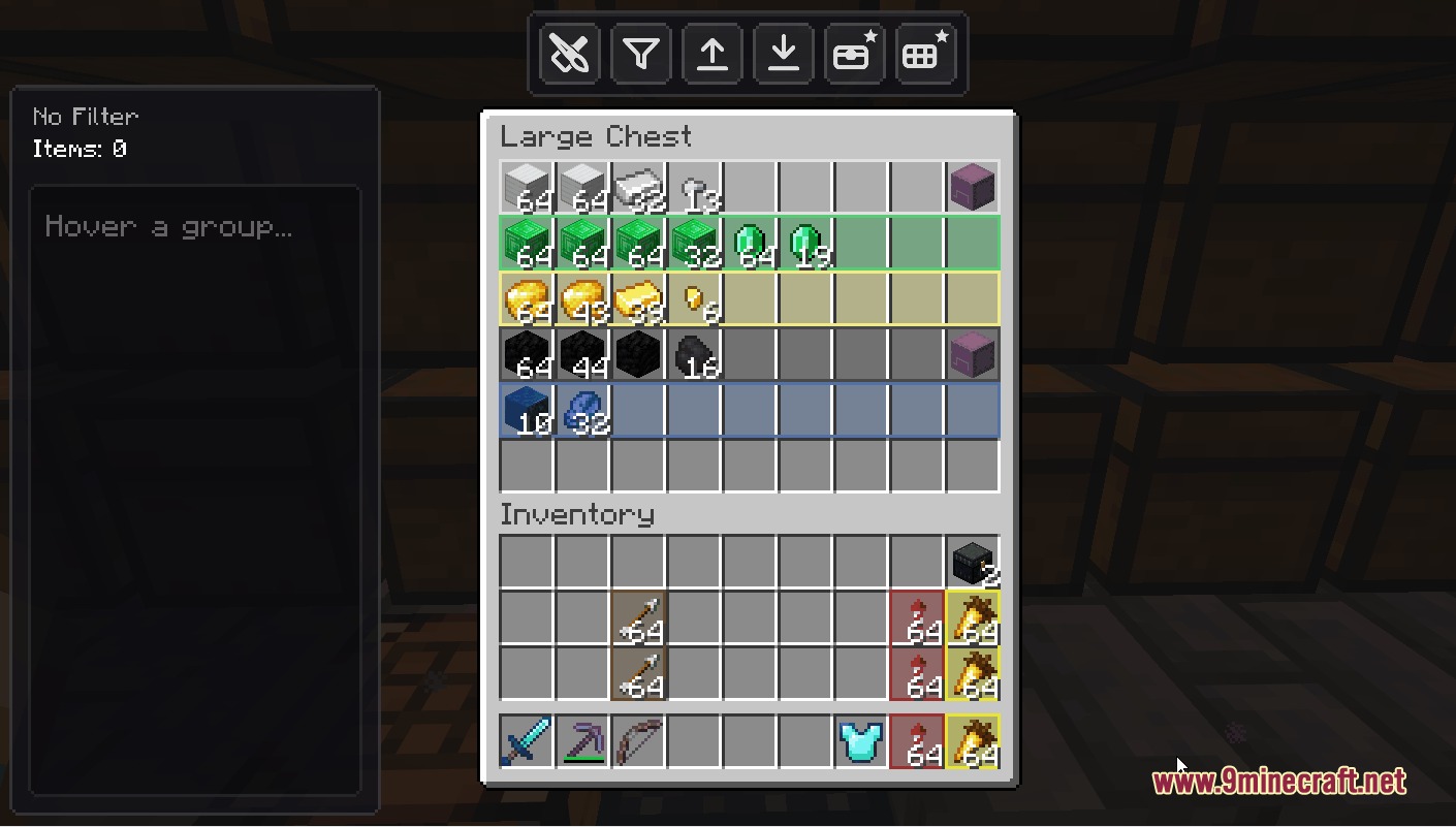 Minecraft storage interface showing color coded slots and custom item filter settings