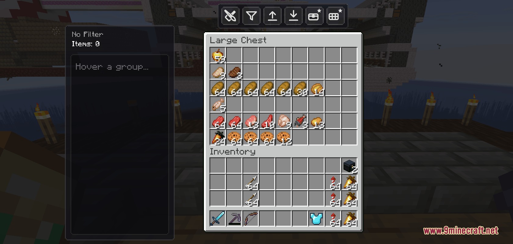 Minecraft chest interface showing a large collection of sorted food items