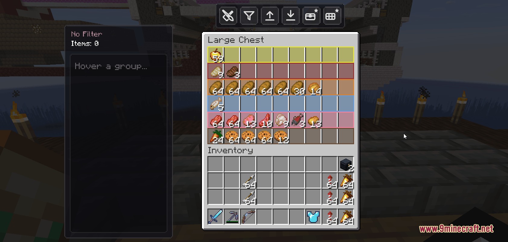 Colored rows in a large chest interface help organize different food items