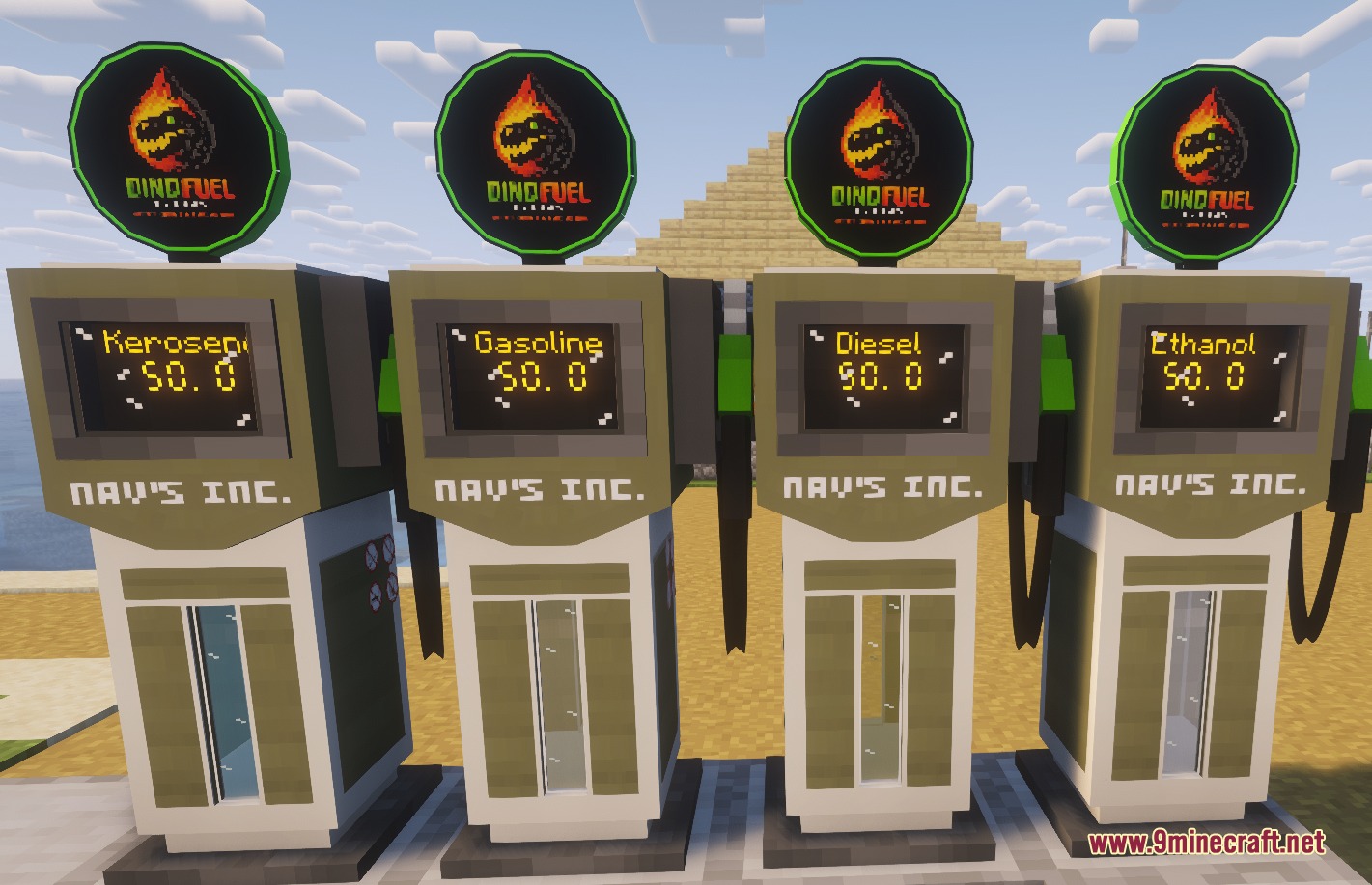 Four fuel pumps for kerosene gasoline diesel and ethanol in Minecraft