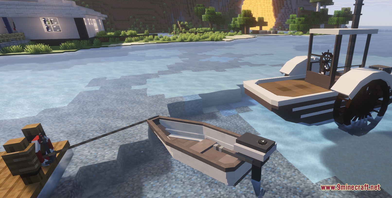 A small motorboat and a larger paddle wheel boat floating in clear water