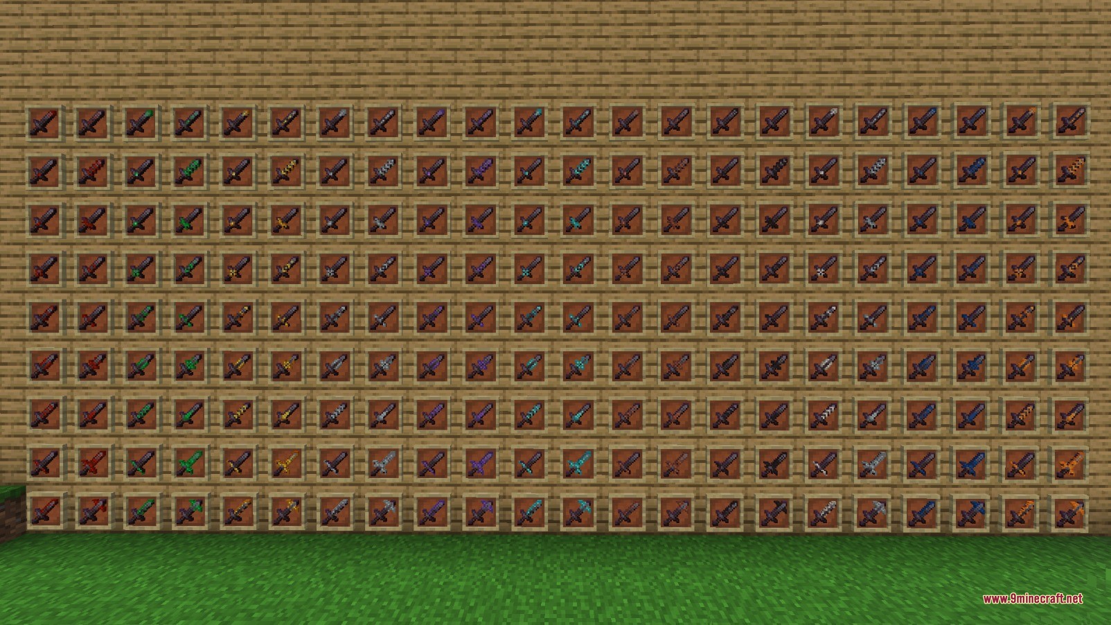 A wall of item frames showcasing many different sword trim combinations
