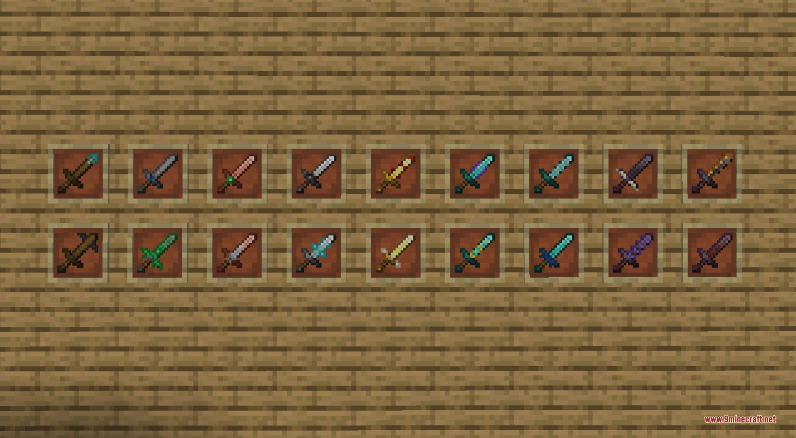 Various swords with custom armor trims displayed in item frames on a wall