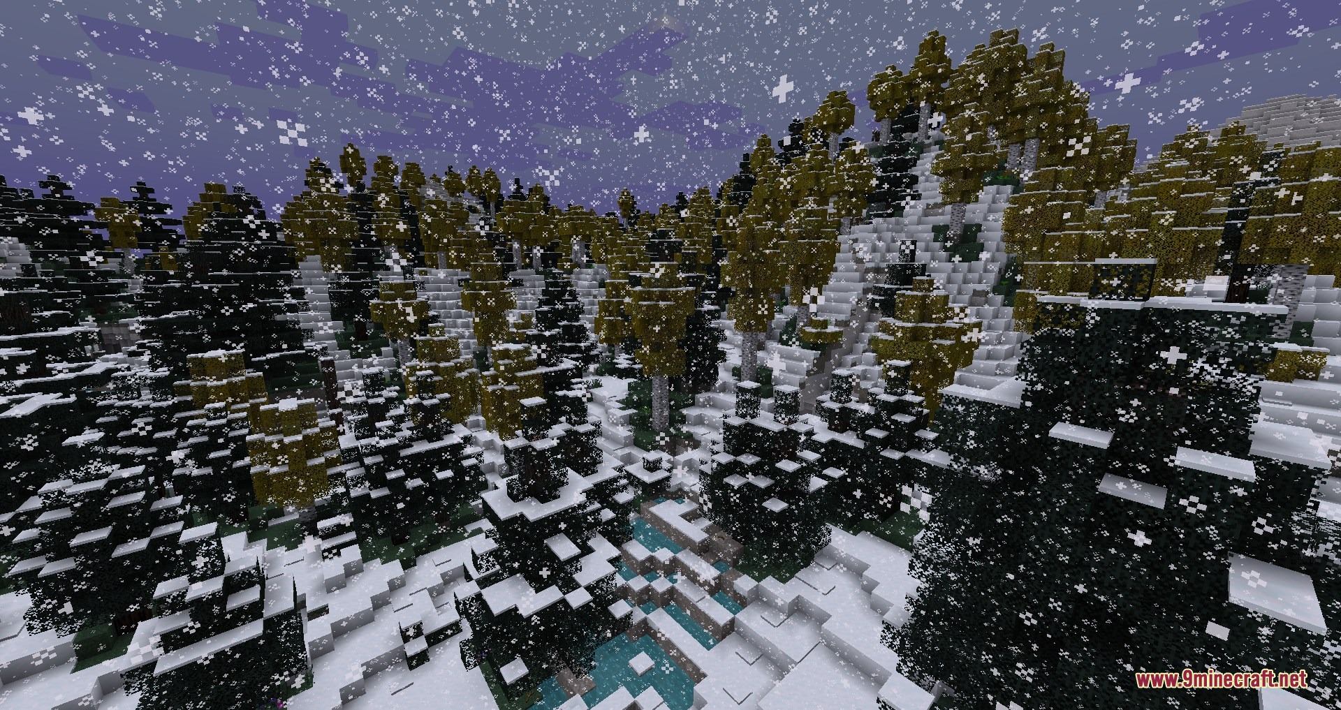 Snow falls over a dense alpine forest featuring golden and dark trees