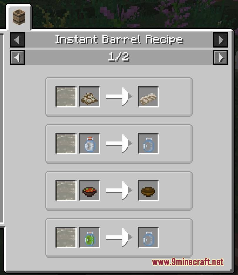 TFC Artisanal Mod Screenshot 2 Minecraft menu displaying several instant barrel recipes for processing items and liquids
