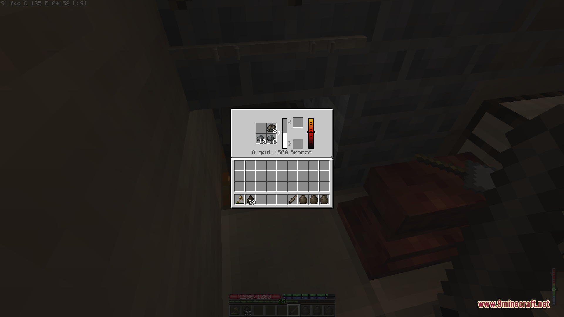 TFC Plus Bids Mod Screenshot 4 Crucible menu showing ore slots and a rising temperature gauge for smelting