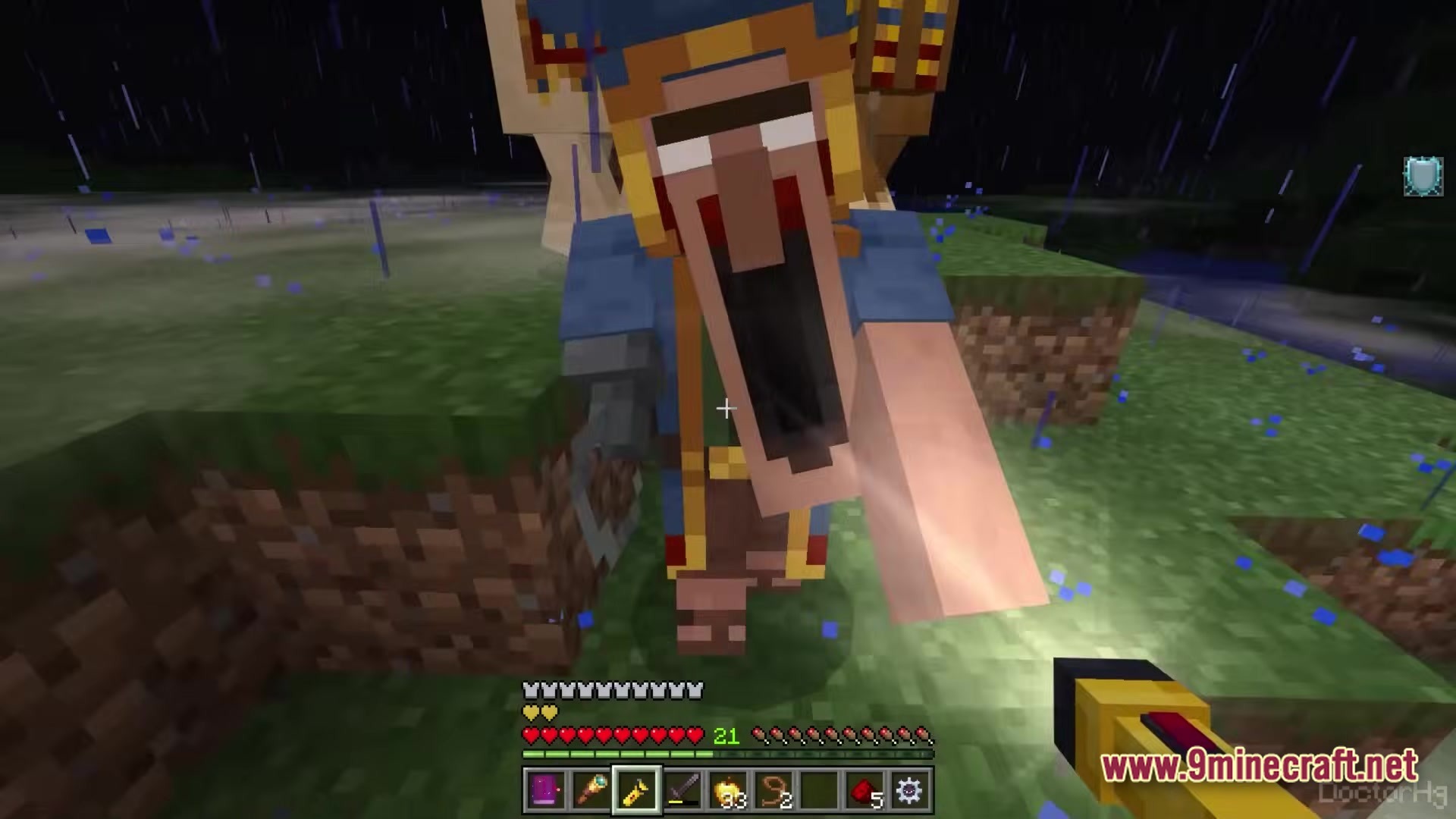 THE DWELLERS Modpack Screenshot 1 A distorted Wandering Trader dweller mob attacks a player holding a flashlight during a rainy night