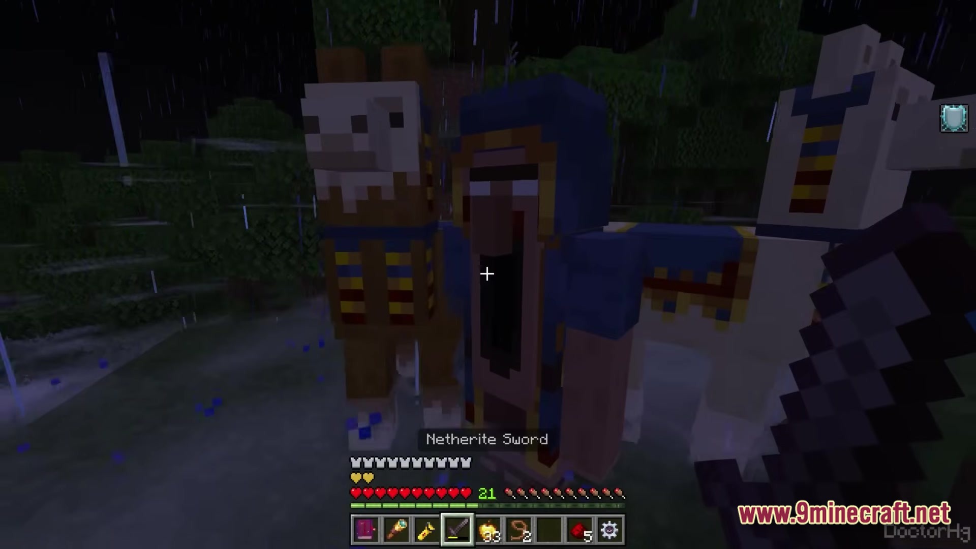 THE DWELLERS Modpack Screenshot 2 A distorted Wandering Trader with a gaping mouth stands between two llamas in a rainy forest