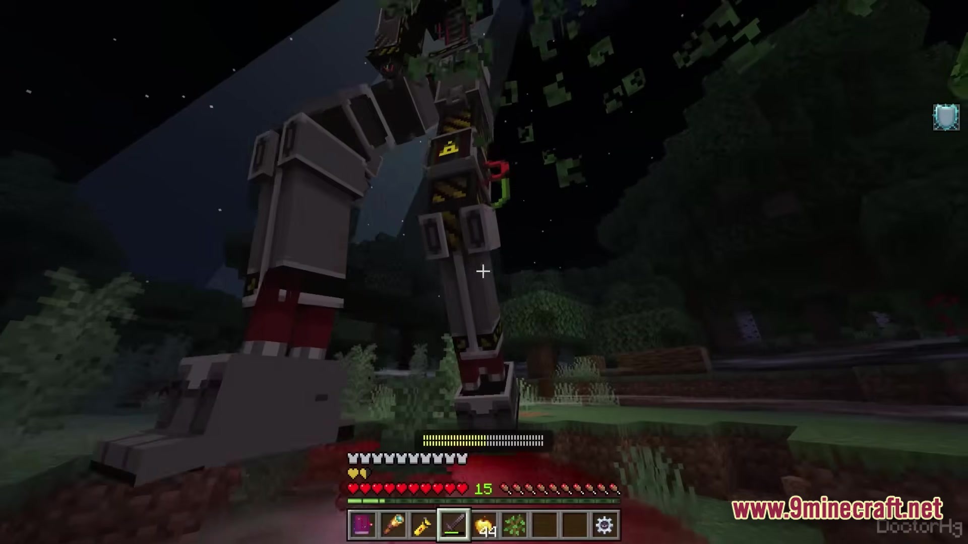 THE DWELLERS Modpack Screenshot 3 A massive mechanical robot stands over a player in a dark forest biome at night
