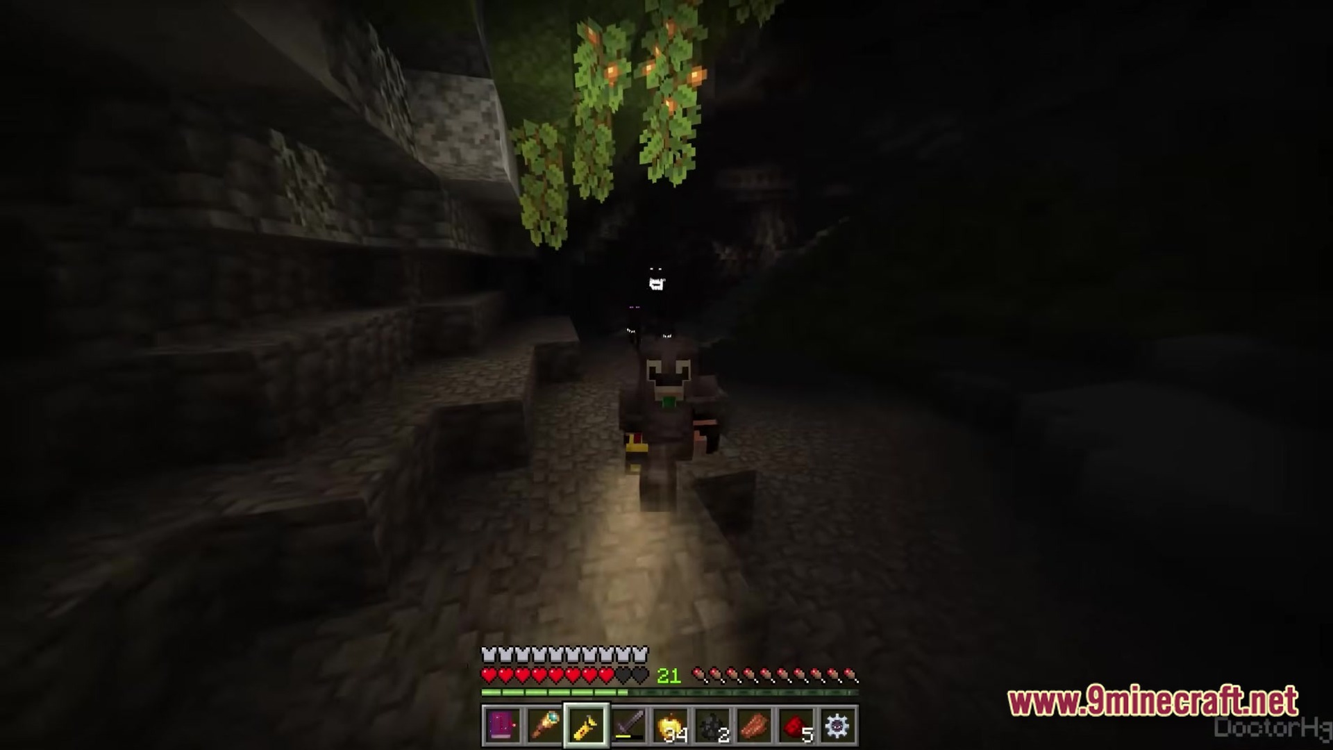 THE DWELLERS Modpack Screenshot 4 A player explores a dark cave while being stalked by a glowing-eyed dweller entity