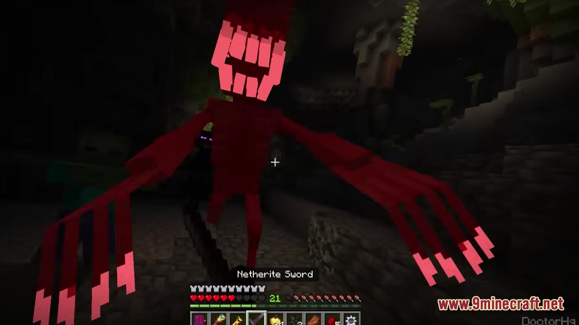THE DWELLERS Modpack Screenshot 5 A player wielding a netherite sword faces a tall red hostile mob in a dark cave