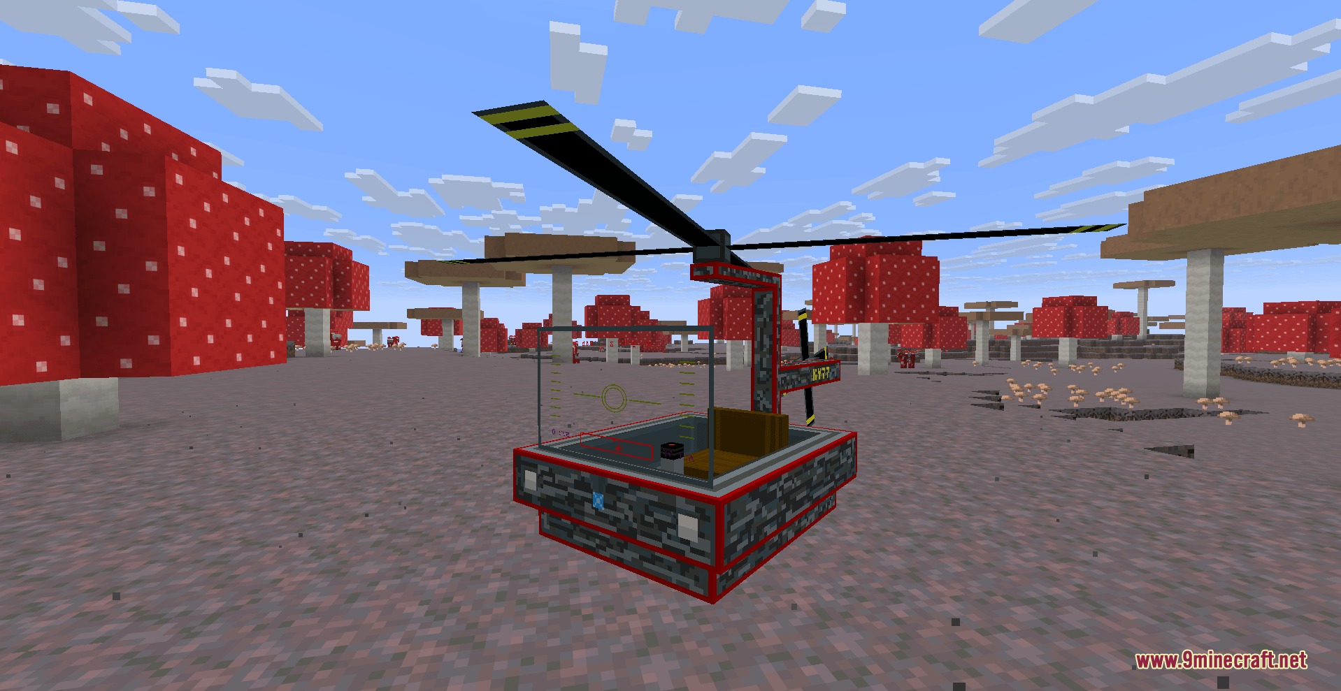 A small red and black helicopter parked in a mushroom island biome