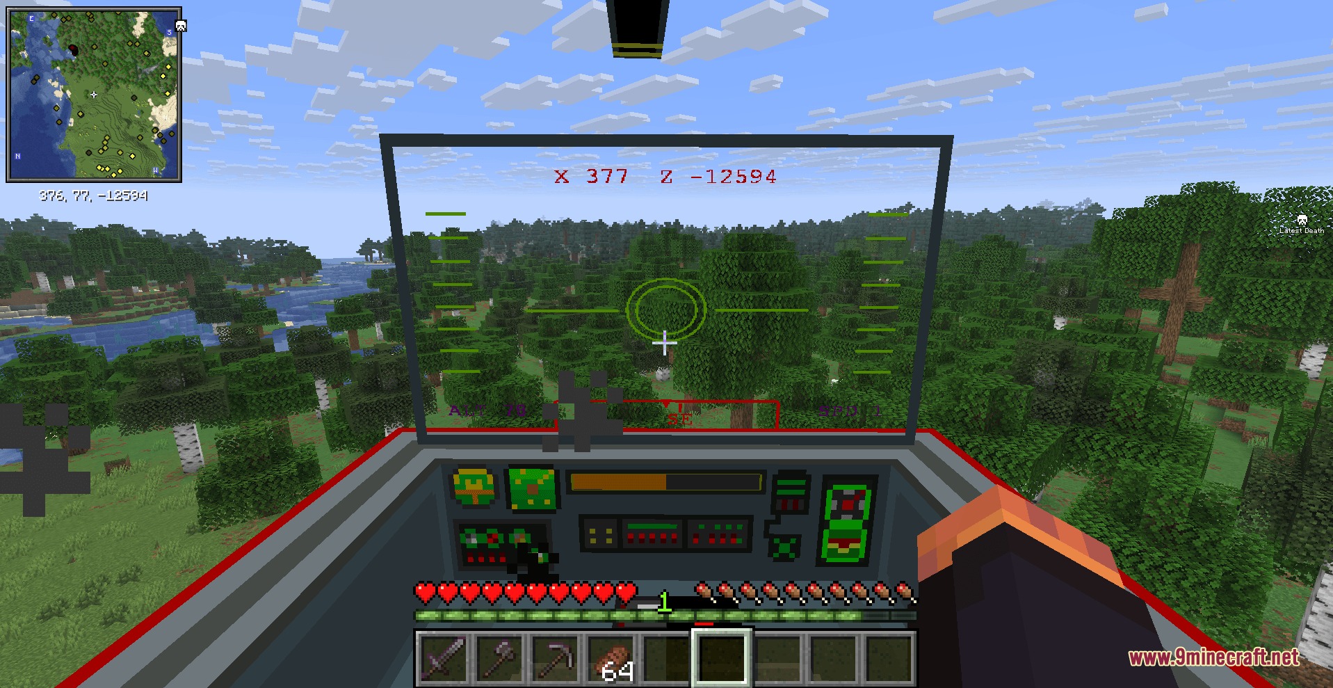 Player flying a helicopter over a forest with a digital HUD display