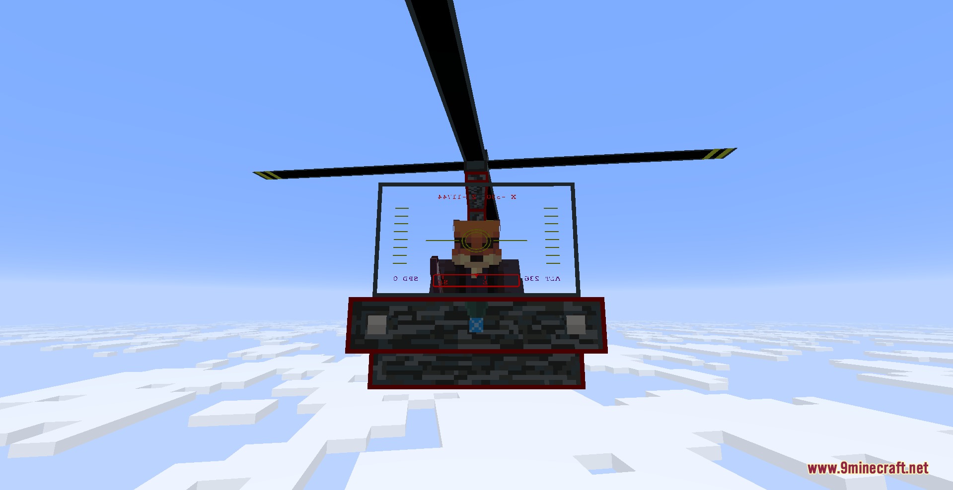 First person view of a player piloting a helicopter with a HUD