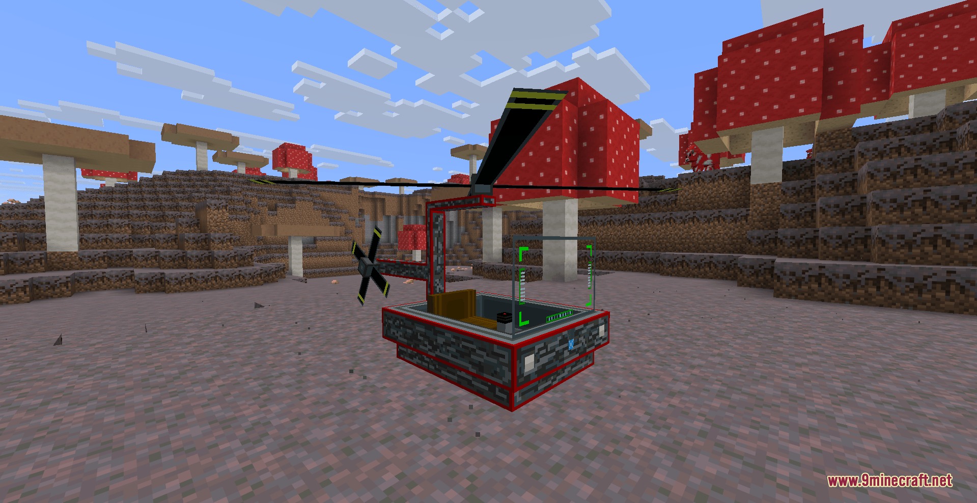A small helicopter with red outlines parked in a mushroom island biome