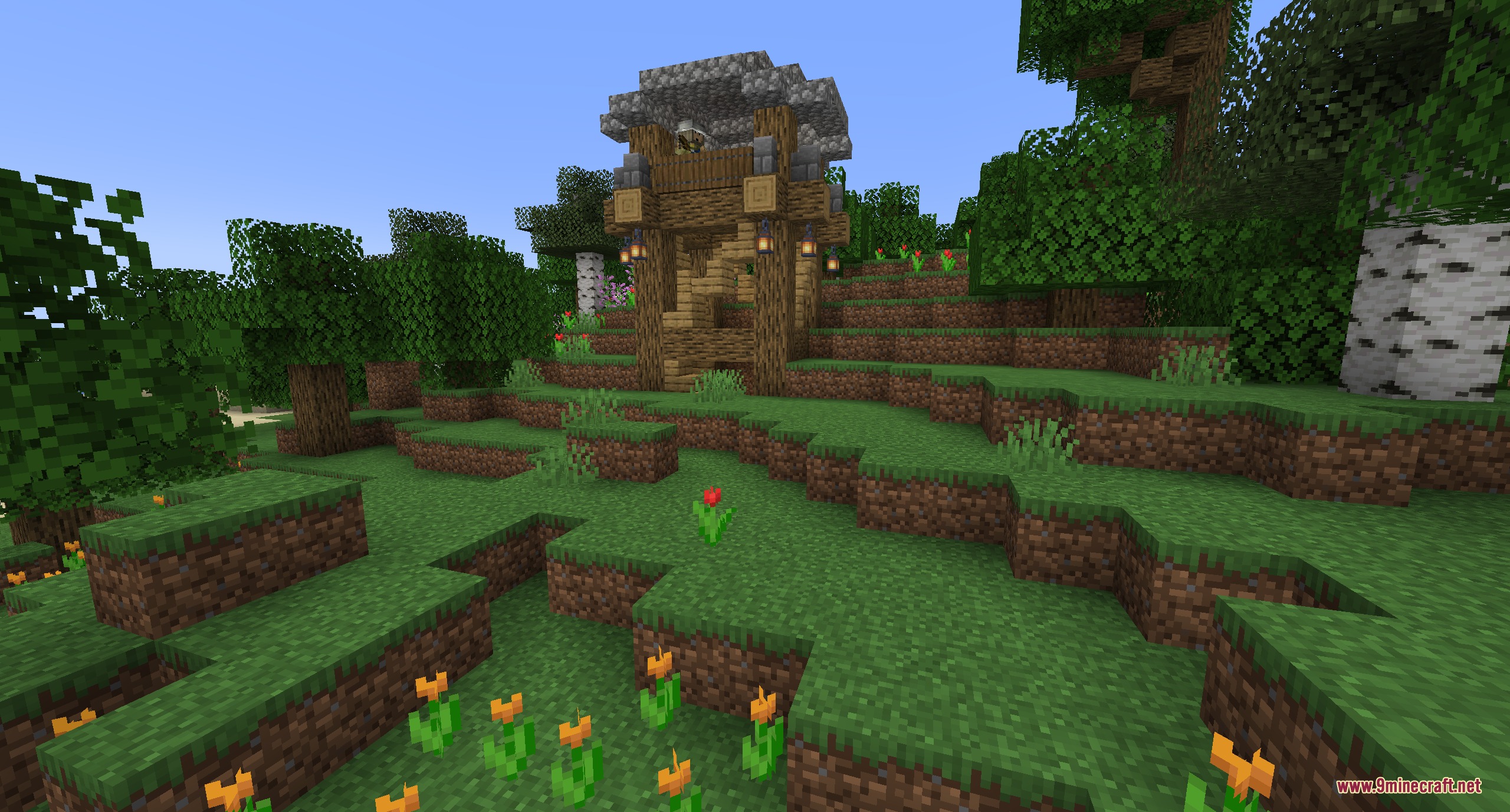 TKVM Enemies Mod Screenshot 4 A small wooden watchtower with lanterns standing on a grassy forest hill