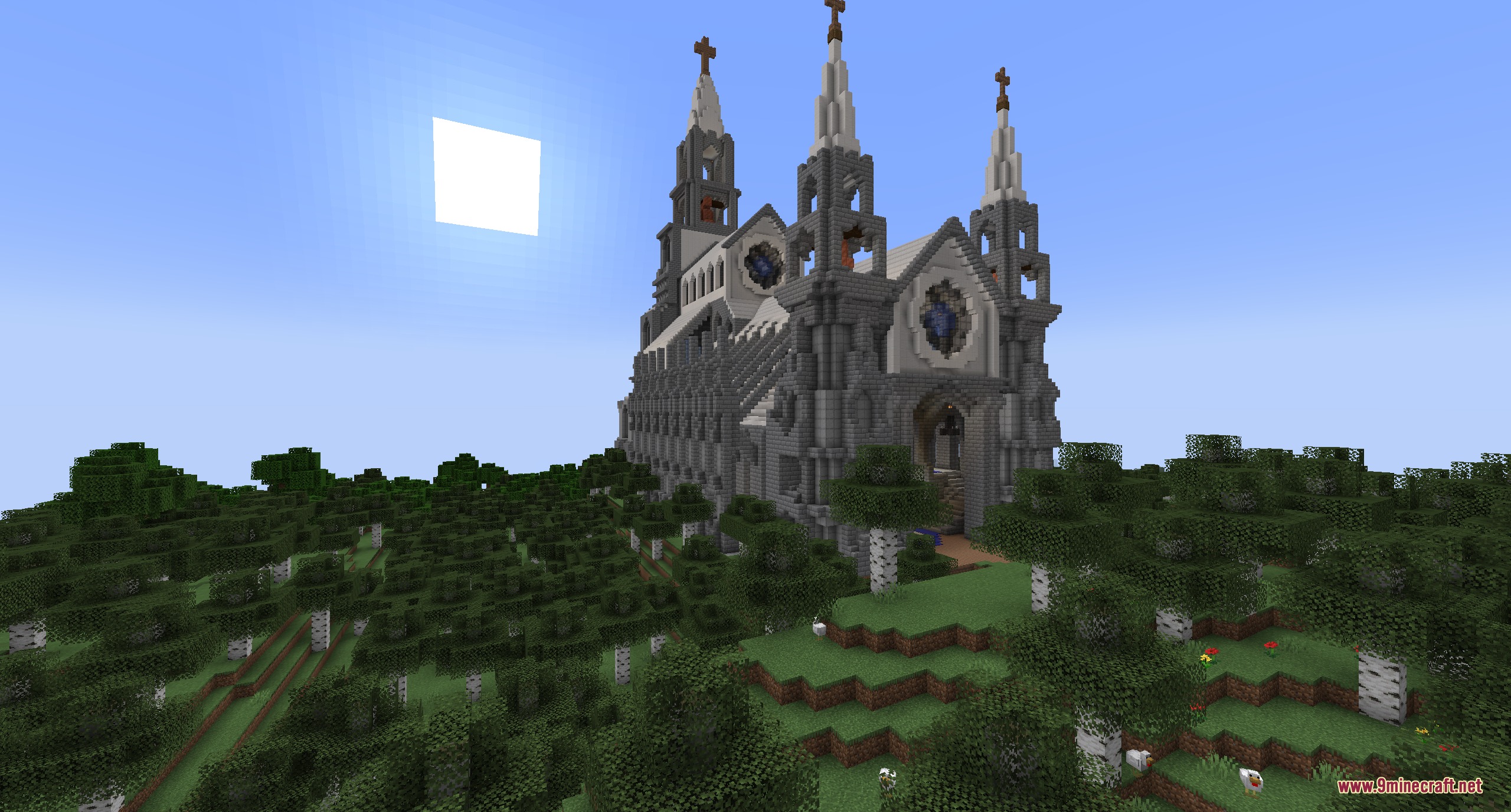 TKVM Enemies Mod Screenshot 8 A massive grey stone cathedral with tall spires standing in a forest