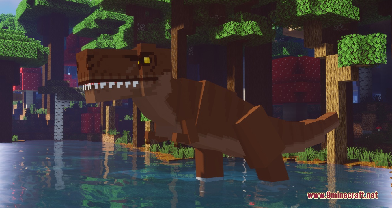TLOTD Mod Screenshot 1 A large brown dinosaur stands in a swampy forest with giant red mushrooms