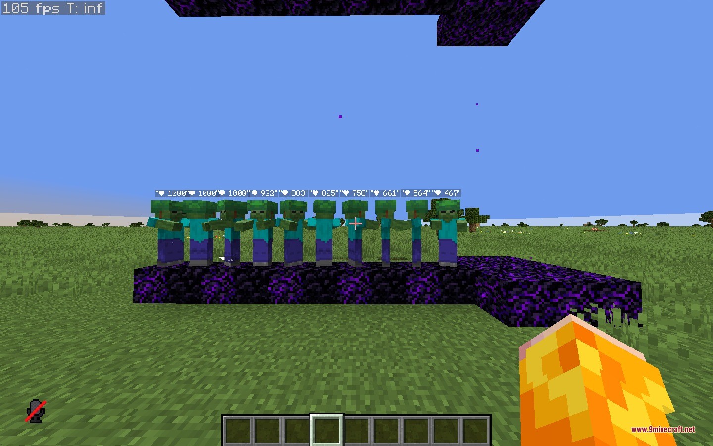 TNT Damage Booster Data Pack Screenshot 1 A row of zombies on obsidian blocks showing health bars for TNT Damage Booster