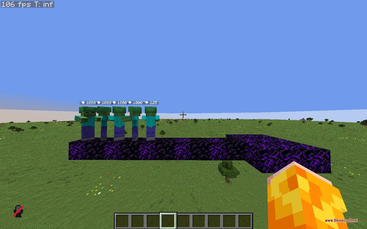 TNT Damage Booster Data Pack Screenshot 2 A group of zombies with health bars standing on obsidian platforms