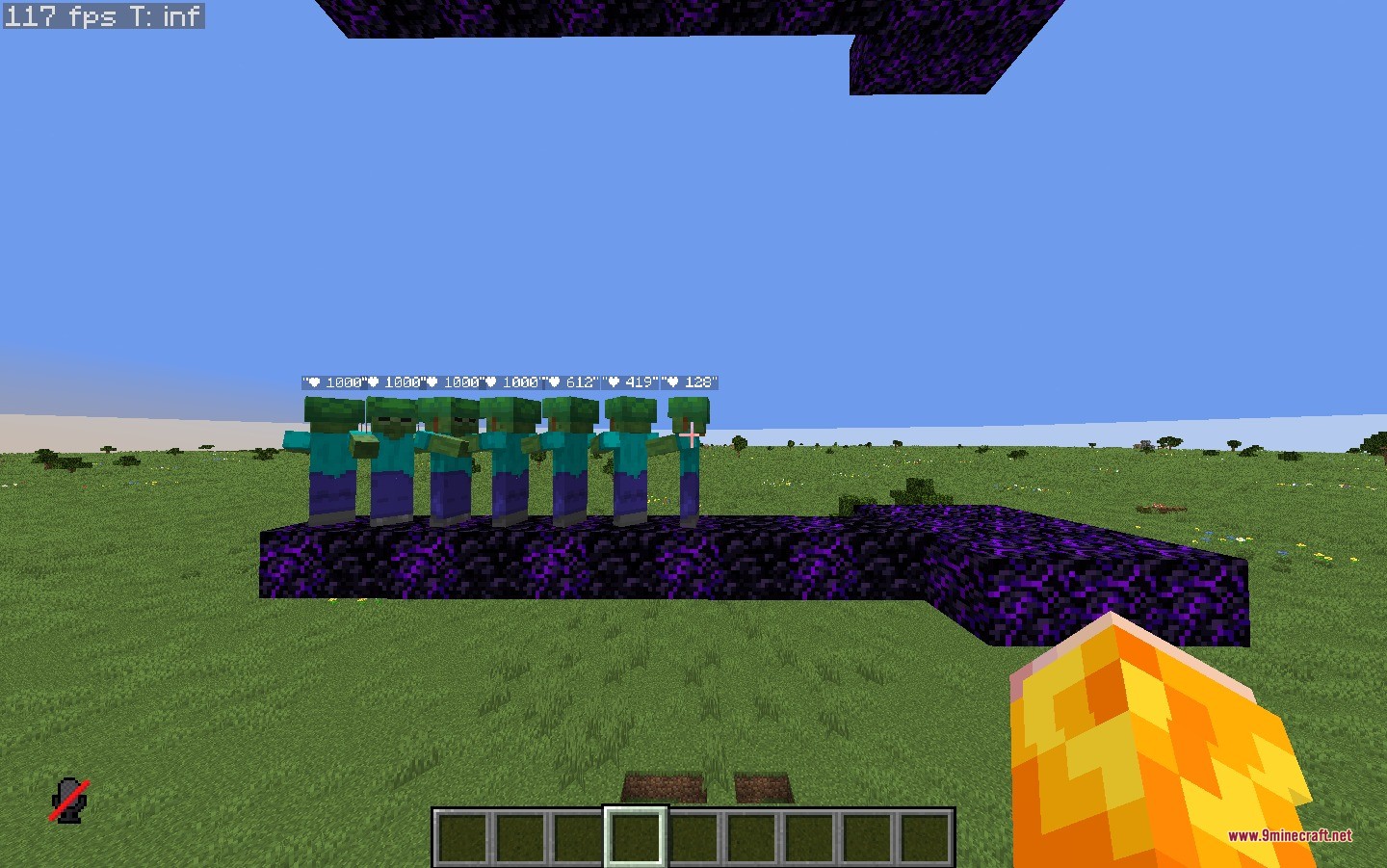 TNT Damage Booster Data Pack Screenshot 3 Seven zombies standing on crying obsidian blocks with health indicators above their heads
