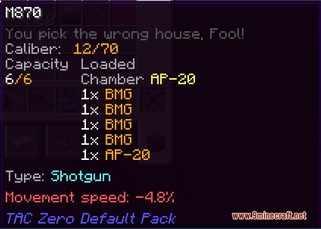 TaCZ Caliber Ammo Mod Screenshot 2 Detailed tooltip for a shotgun showing mixed ammunition types and stats