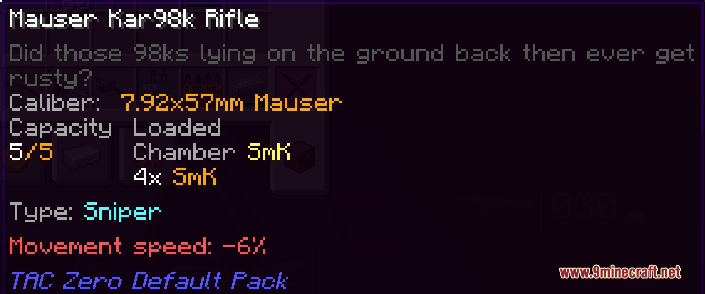 TaCZ Caliber Ammo Mod Screenshot 3 Minecraft tooltip showing caliber and ammo capacity for a Mauser Kar98k rifle