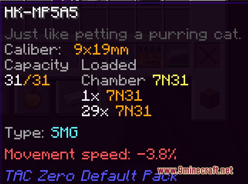 TaCZ Caliber Ammo Mod Screenshot 4 Minecraft tooltip displaying detailed ammunition statistics for an HK MP5A5 submachine gun