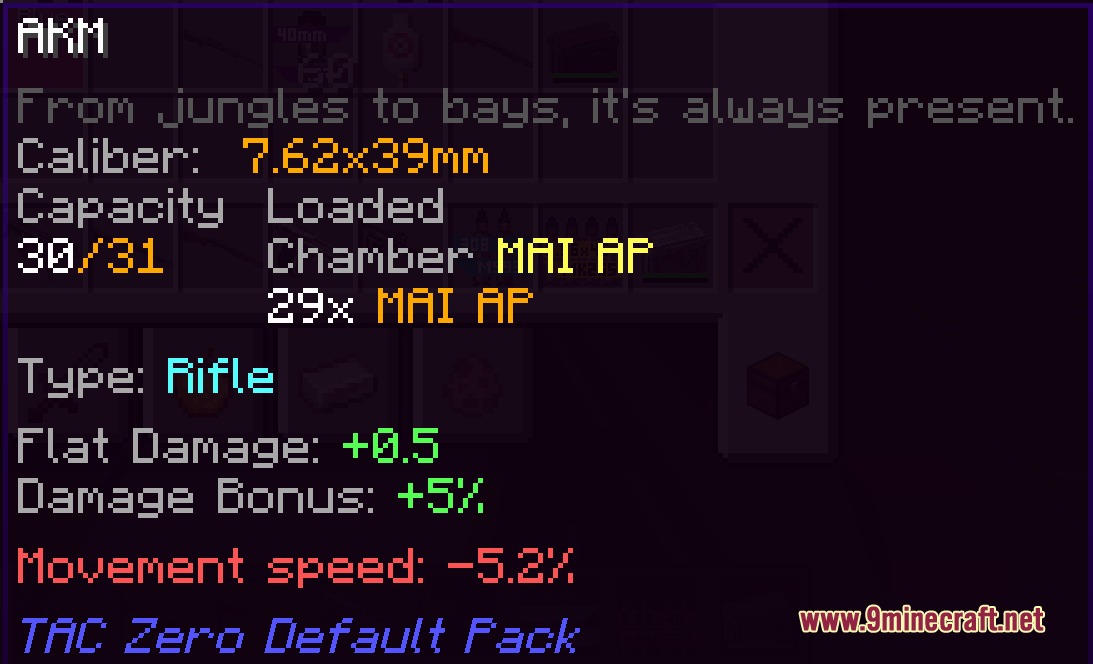 TaCZ Caliber Ammo Mod Screenshot 5 A Minecraft tooltip showing weapon stats for an AKM assault rifle item