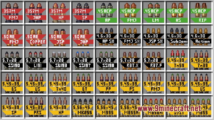 TaCZ Caliber Ammo Mod Screenshot 6 A grid of many ammunition types available in the TaCZ Caliber mod