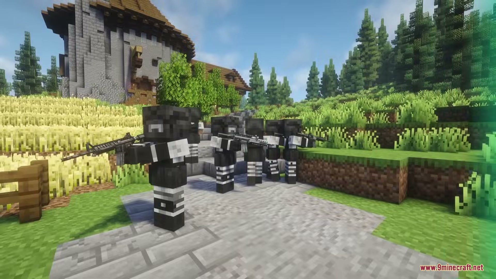 TaCZ Hostiles Mod Screenshot 1 Armed soldiers in black tactical gear patrolling near a stone building