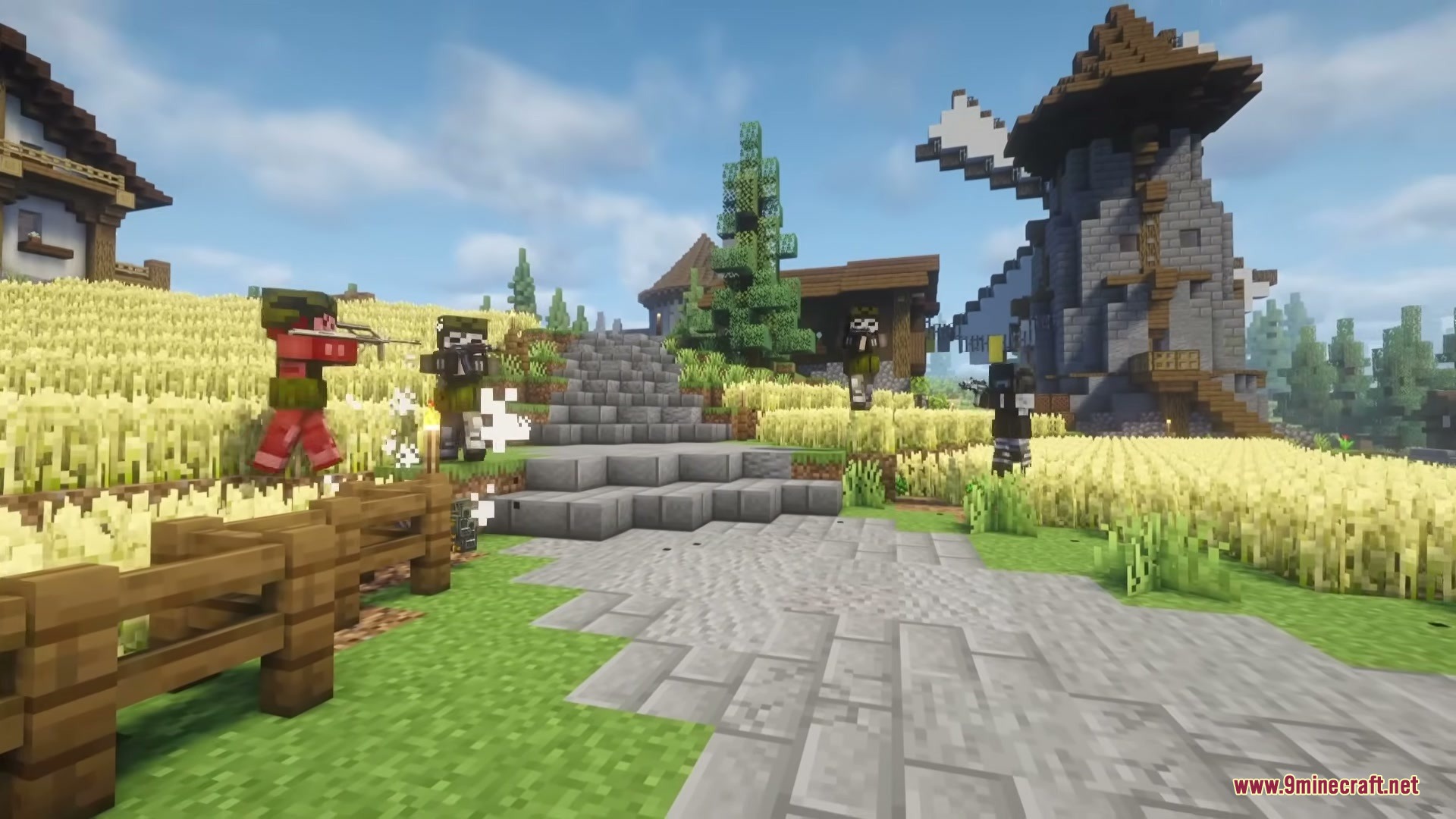 TaCZ Hostiles Mod Screenshot 10 A hostile soldier aims a rifle while patrolling near a stone windmill
