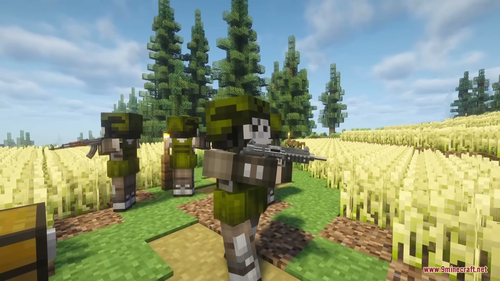 TaCZ Hostiles Mod Screenshot 2 Armed soldiers in green military gear aiming rifles in a wheat field