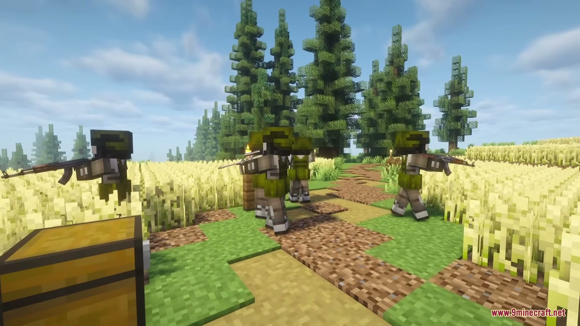 TaCZ Hostiles Mod Screenshot 3 Armed soldiers patrolling a wheat field near a forest in Minecraft