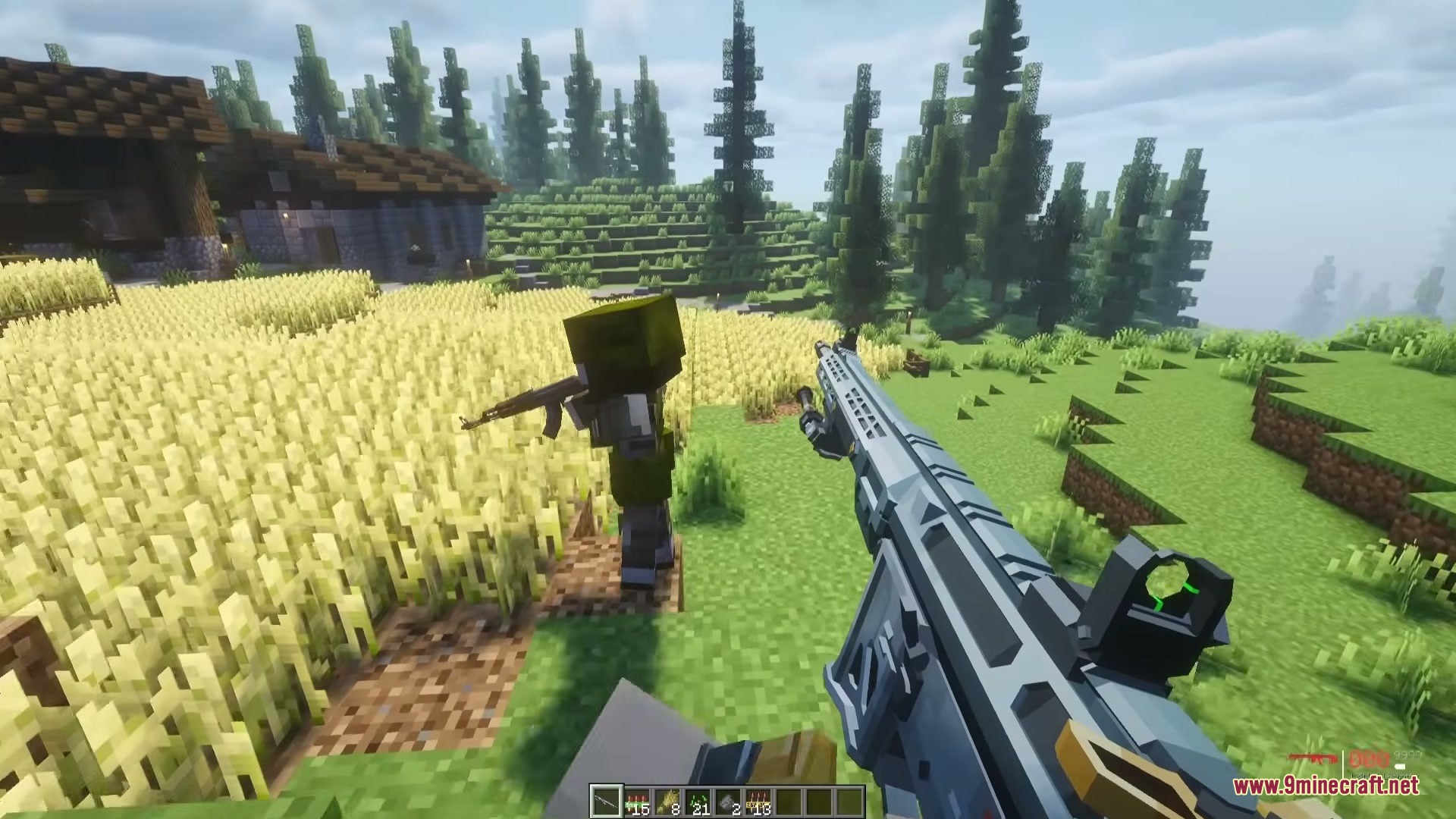 TaCZ Hostiles Mod Screenshot 5 A player aims a modern rifle at a hostile soldier in a wheat field
