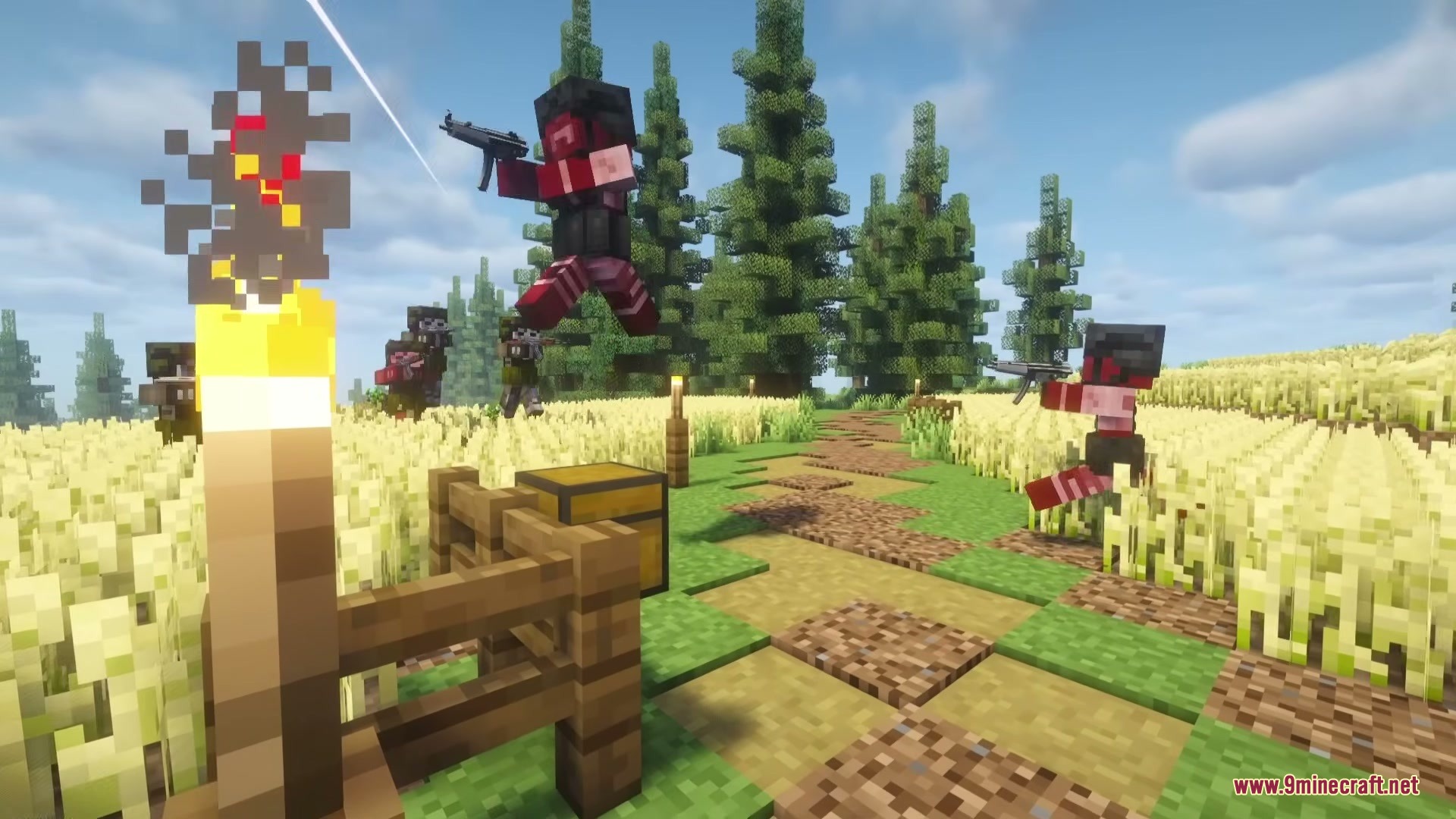 TaCZ Hostiles Mod Screenshot 6 Armed enemy factions patrolling a dirt path through a large golden wheat field