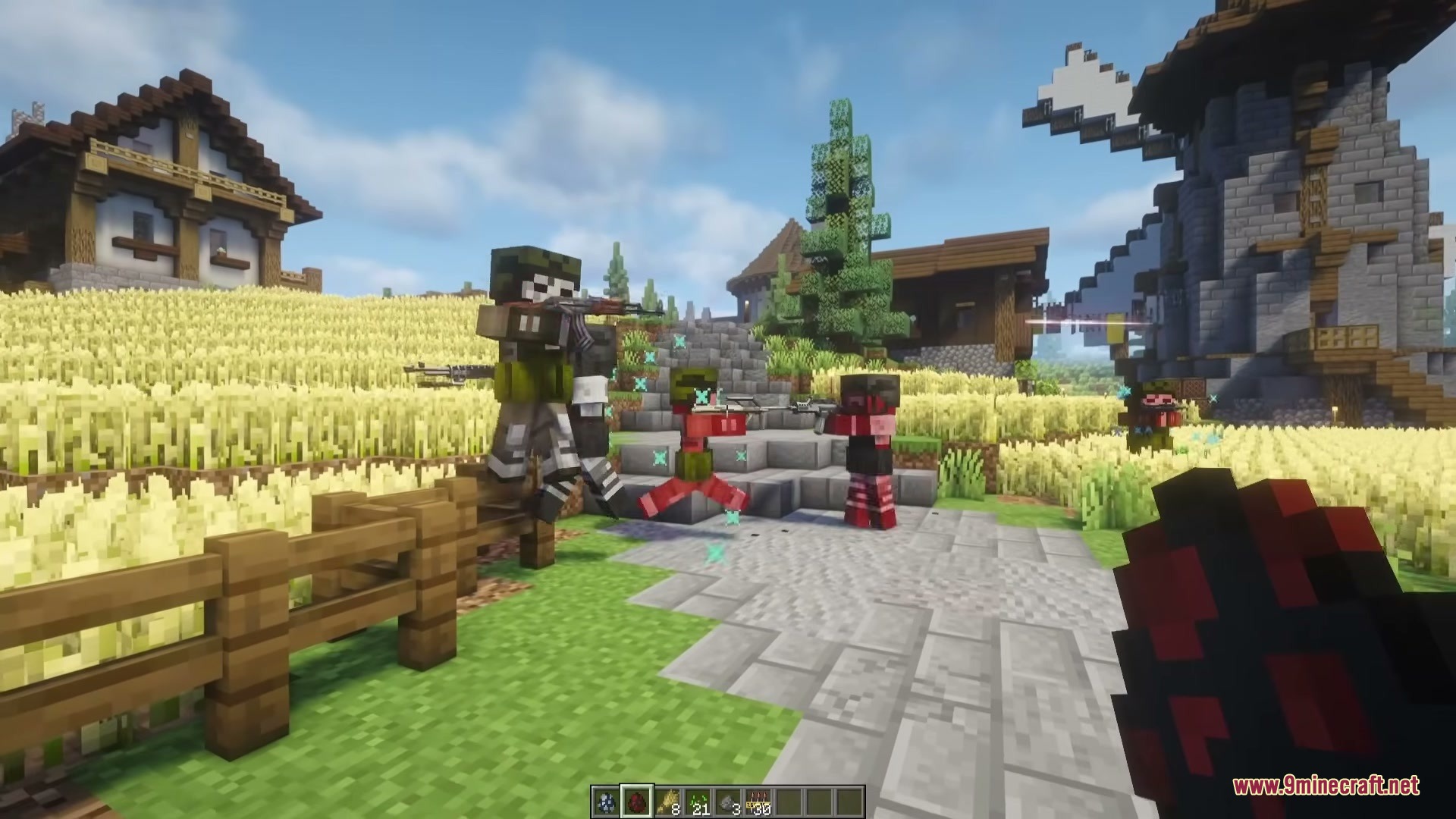 TaCZ Hostiles Mod Screenshot 9 Armed soldiers and scavengers engage in combat near a village farm