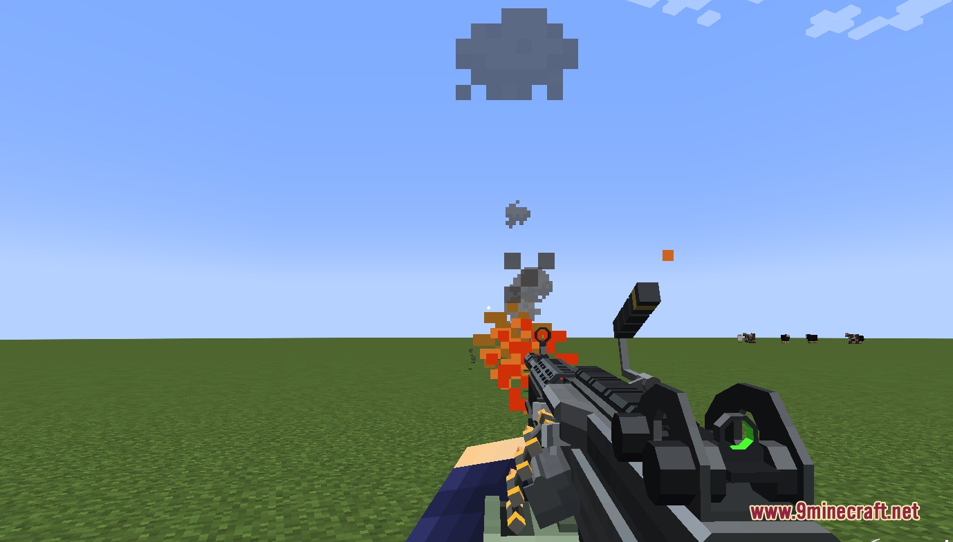 TaCZ Tactical Breaching Mod Screenshot 5 A player fires a tactical weapon showing realistic muzzle flash and smoke particles