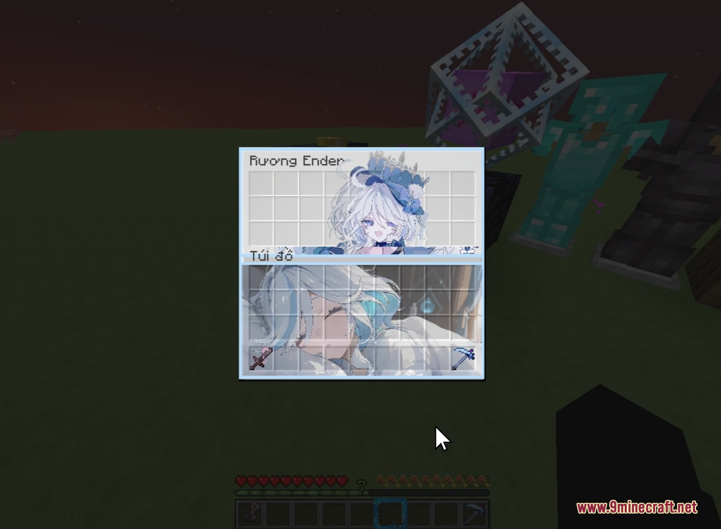 Minecraft Ender Chest inventory screen featuring a custom anime girl background