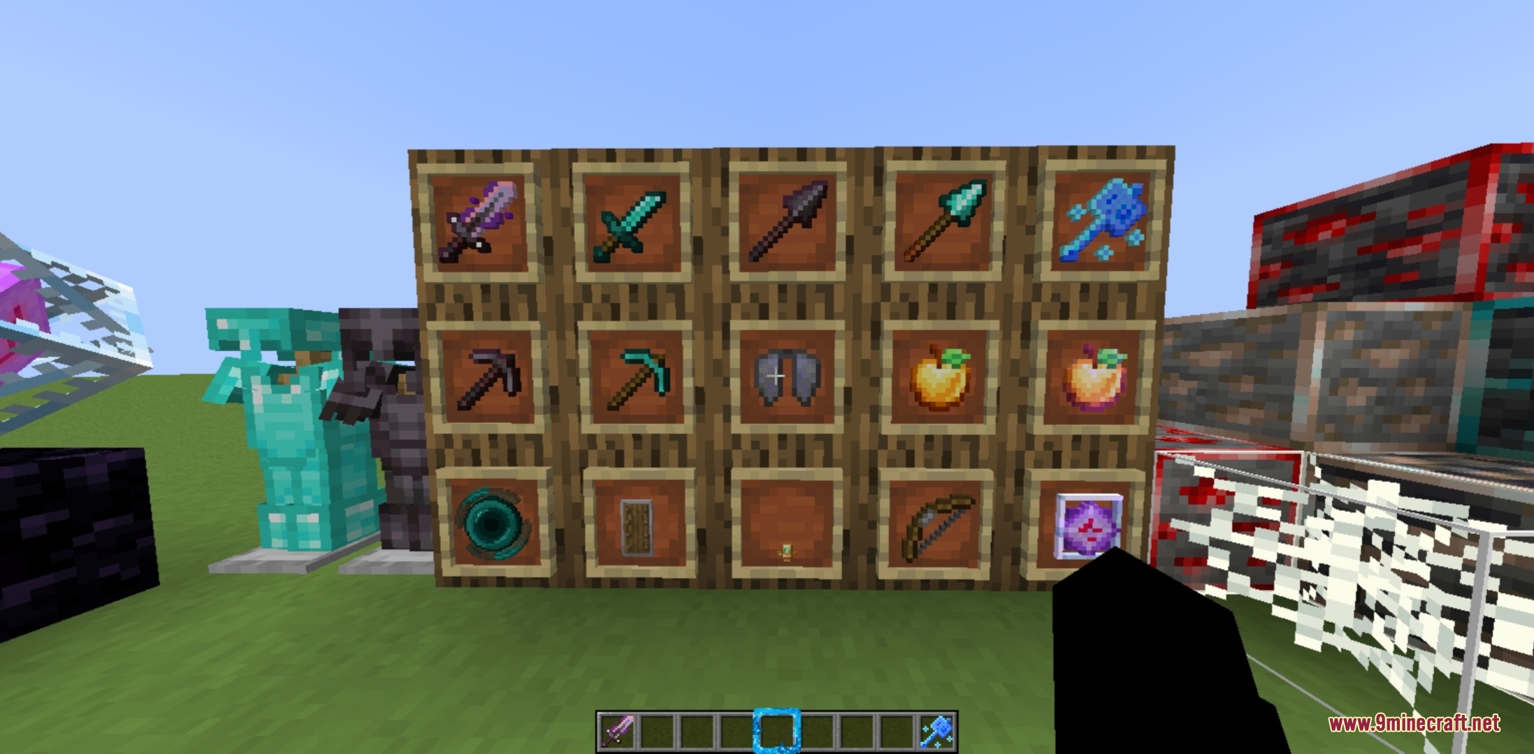 Resized items and armor sets displayed using the TaanMC Resource Pack